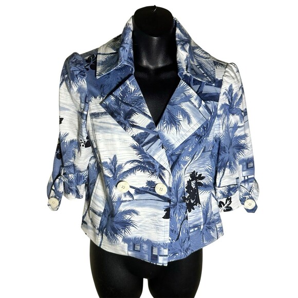 Vintage Andre Oliver Women’s Blue Palm Trees Jacket With Shoulder Pads Sz 6 - Picture 1 of 13